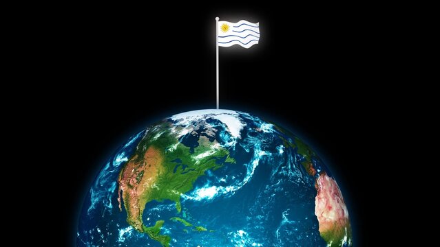 3d rotated planet earth on flying Uruguay flag, earth globe with flag