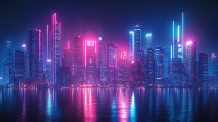 Fototapeta premium Neon Cityscape With Futuristic Skyline Reflecting On Water Modern Architecture Night View