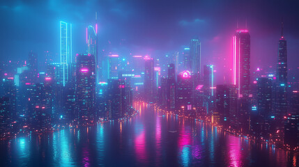 Fototapeta premium Futuristic City Nightscape With Neon Skyscrapers Reflected On Riverfront Lights