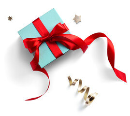 Christmas gift box Design elements with real soft transparent shadow. Christmas design elements; red ribbon bow and golden confetti, flat lay, clipping path, PNG