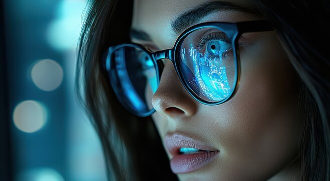 Close-up of an attractive woman wearing glasses with digital reflections, conveying technology and contemplation in a modern, futuristic environment