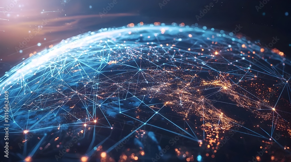 Poster abstract 3d globe with digital network nodes connecting major cities worldwide