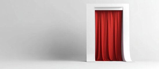 3D white photo booth with red curtain.