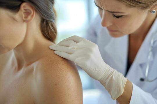 Woman Pointing to a Suspicious Mole on Her Shoulder During a Skin Examination