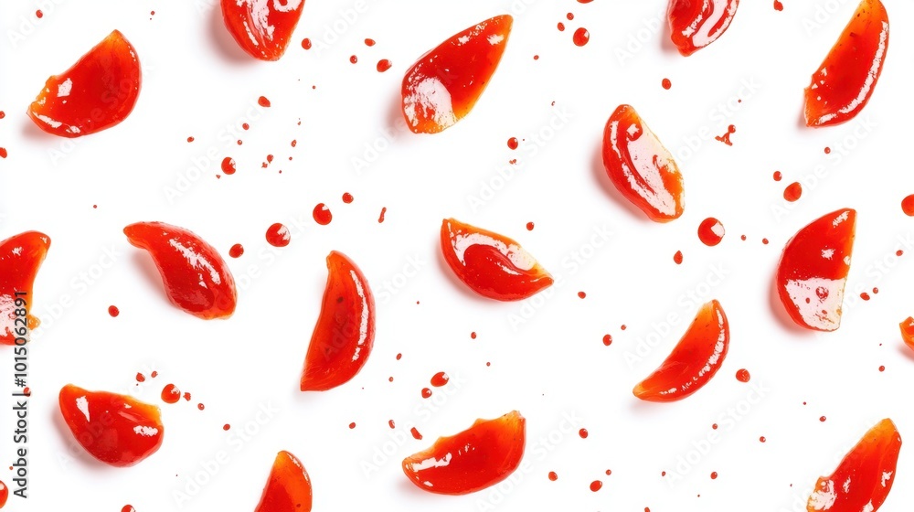 Poster bright red ketchup splashes scattered on a white background, perfect for creating a fun and dynamic 