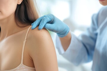 Woman Pointing to a Suspicious Mole on Her Shoulder During a Skin Examination