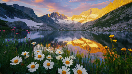 Sunrise over the tranquil lake with blooming wildflowers in the foreground and snow-capped mountains in the background