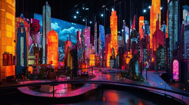 a photograph of a minimap diorama of a city illuminated with floodlights, with elements that remind the viewer of an amusement park or carnival