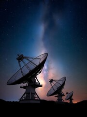 Radio Telescope Dishes at Night with the Milky Way in the Sky
