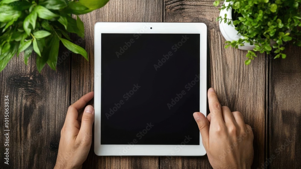 Poster close-up of a hand presenting a digital tablet with a blank screen on a wooden desk, ideal for addin