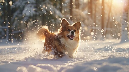 Obraz premium A playful dog joyfully romps in bright snow under a vibrant sunlit winter landscape