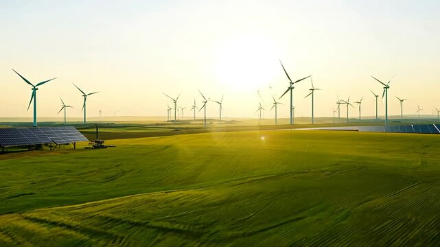 Green energy harvest with windmill and solar panels for eco-green sustainable concept, 4K 
