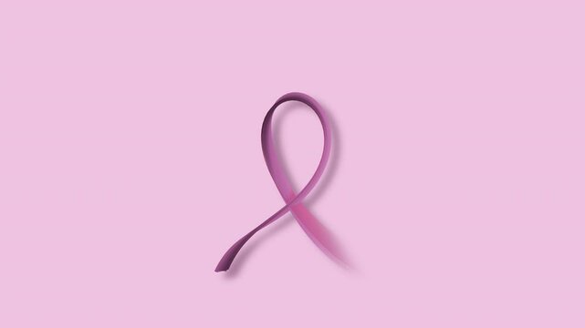 Animation of a pink ribbon materialising and fading away on a soft pastel pink background, breast cancer awareness and support for research fundraising efforts.