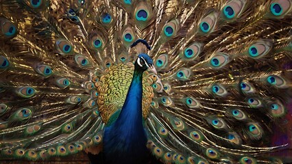 Obraz premium Abstract painting of two peacocks with their feathers spread wide, featuring dynamic paint strokes and splashes. Mural-style with oil painting techniques, representing beauty, elegance, and cultural s