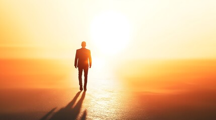 Confident Businessman Walks Toward Bright Light,Symbolizing Path to Financial Success and Growth