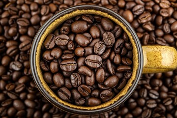 Fototapeta premium Top view of Modern Cup Filled a Coffee Beans on a Roasted Coffee Beans Full Frame Background. Stylish Mug. Closeup. Coffee Shop. Concept for coffee product advertising.