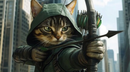 A confident cat dressed as an archer stands ready in a bustling urban environment, bow drawn and aimed with precision. The scene captures a whimsical blend of fantasy and city life.
