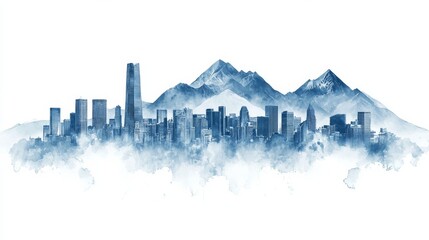 Fototapeta premium an illustration of a city with a single line of mountains behind it, with fog all around
