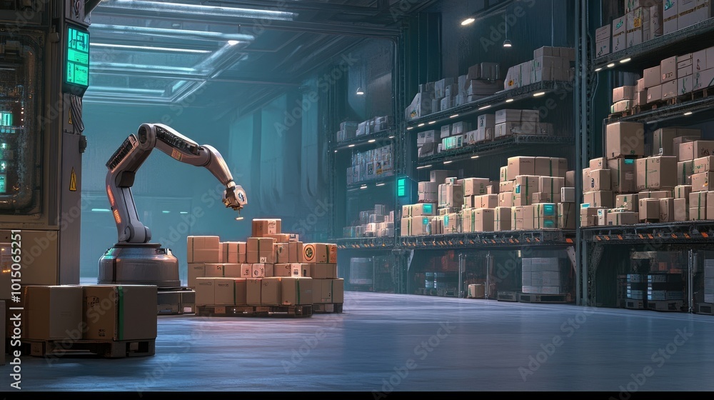 Poster advanced robot in a modern warehouse setup