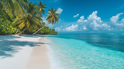 Stunning Tropical Beach With White Sand Clear Blue Water And Palm Trees