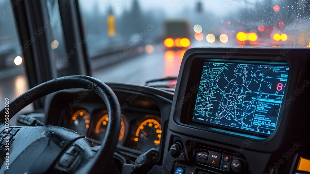 Poster close-up of gps tracker on truck dashboard showing location and route