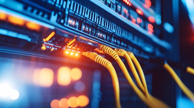 Close-up of network cables and technology in a data center with a blue background, featuring yellow and red colors