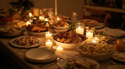 Naklejka premium Elegant Christmas Feast Table Setting with Candles