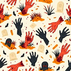 Halloween Themed Seamless Pattern with Hands and Spooky Elements