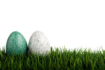 Colorful eggs on green grass, isolated transparent background