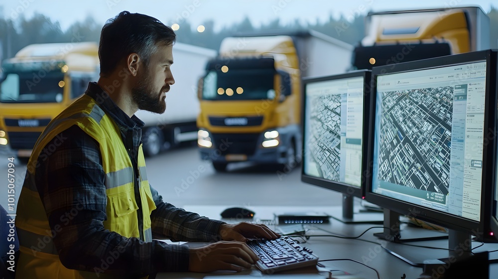 Poster logistics manager monitoring fleet trucks with real-time tracking and route optimization dashboard