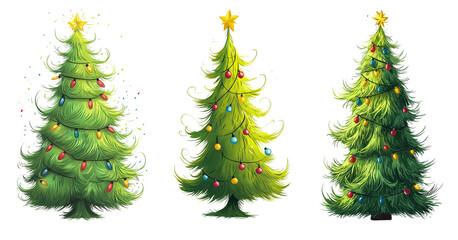 Fototapeta premium Decorated Christmas trees with stars and ornaments set isolated on transparent background