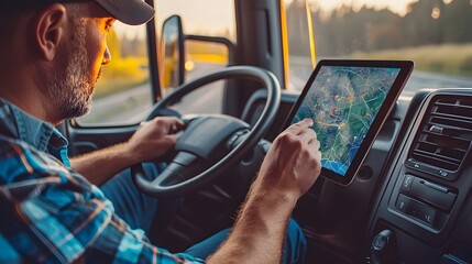 Truck Driver Reviewing Live GPS Map on Tablet for Optimal Route Guidance