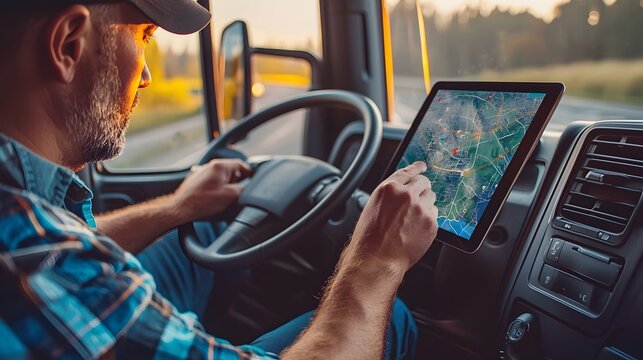 Truck Driver Reviewing Live GPS Map on Tablet for Optimal Route Guidance - Powered by Adobe