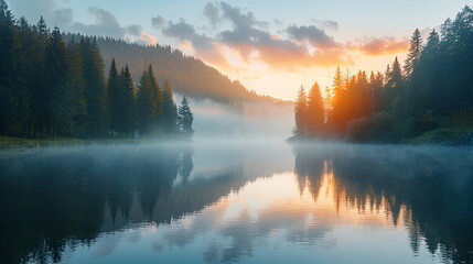 Fototapeta premium Misty morning scene of Lacu Rosu lake. Foggy summer sunrise in Harghita County, Romania, Europe. Beauty of nature concept background