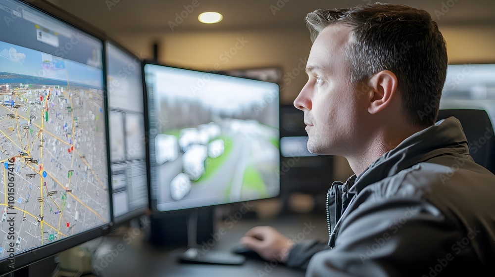 Aufkleber dispatcher monitoring truck fleet on live map display for efficient delivery coordination
