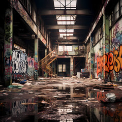 Abandoned industrial factory with graffiti.