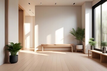 Fototapeta premium Minimalist wooden room design featuring a bench, green plants, and a large window for sunlight