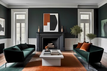 Fototapeta premium Modern cozy living room with stylish wooden furniture, minimalist design, elegant lighting, and vintage decor