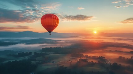 Hot Air Balloon Soaring Over Vibrant Sunrise Landscape Symbolizing Adventure and Freedom