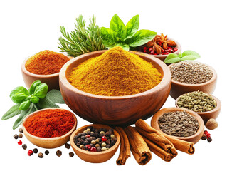 Spices  Herbs  and Seasonings in Wooden Bowls