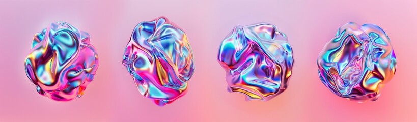 Obraz premium Vibrant abstract 3D art set with soft, rounded shapes floating on a holographic background, delivering a bright visual effect for innovative designs and animations.