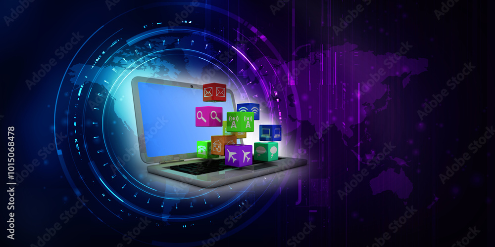 Poster 3d rendering laptop with wifi