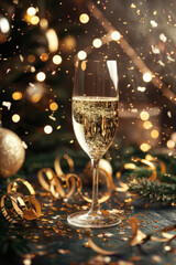 Glass of champagne with gold confetti, festive and elegant.