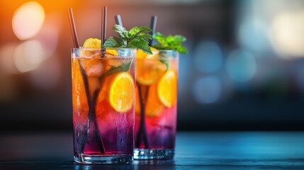 Colorful mocktail with fresh garnishes, on a blurred vibrant party setting