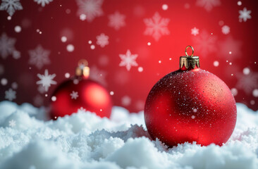 Red Christmas tree balls on snow. Red festive background with space for text. Postcard, illustration