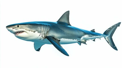 Naklejka premium An imposing great white shark with strong lines and a sleek design, set against a white background