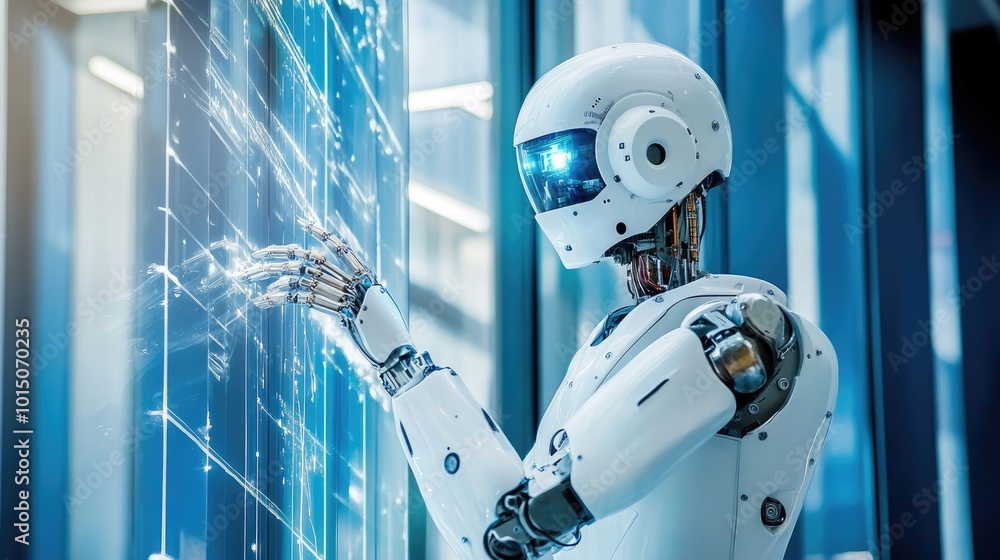 Poster futuristic robot interacting with digital interface