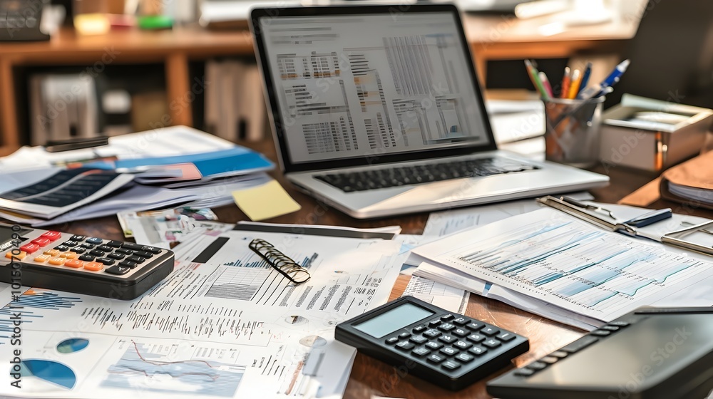 Aufkleber cluttered desk with financial reports and open laptops signifying busy accounting and analysis work