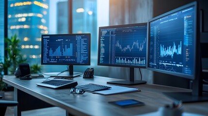 Fototapeta premium Digital Workspace with Dual Monitors Displaying Data Analytics for Business Insights