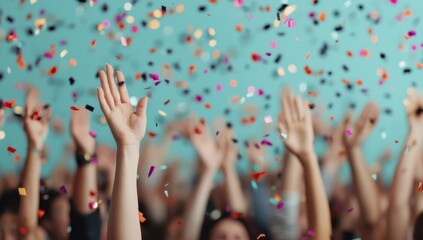 Celebrating Success, Hands Raised in Confetti Shower